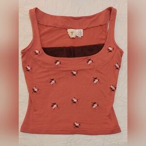 Cropped Silk Stretch Cropped Top with Embroidered Flowers by T